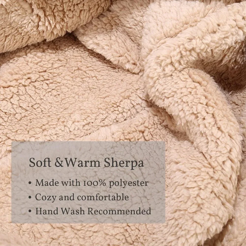 Unisex Beige Winter Bear Ear Sherpa Hood Hat Scarf Gloves 3 in1 100% Polyester